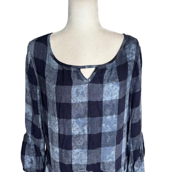 One World Plaid Tunic Top Ruffle Hem Medium Blue Bell Sleeves Keyhole Back - Picture 2 of 8